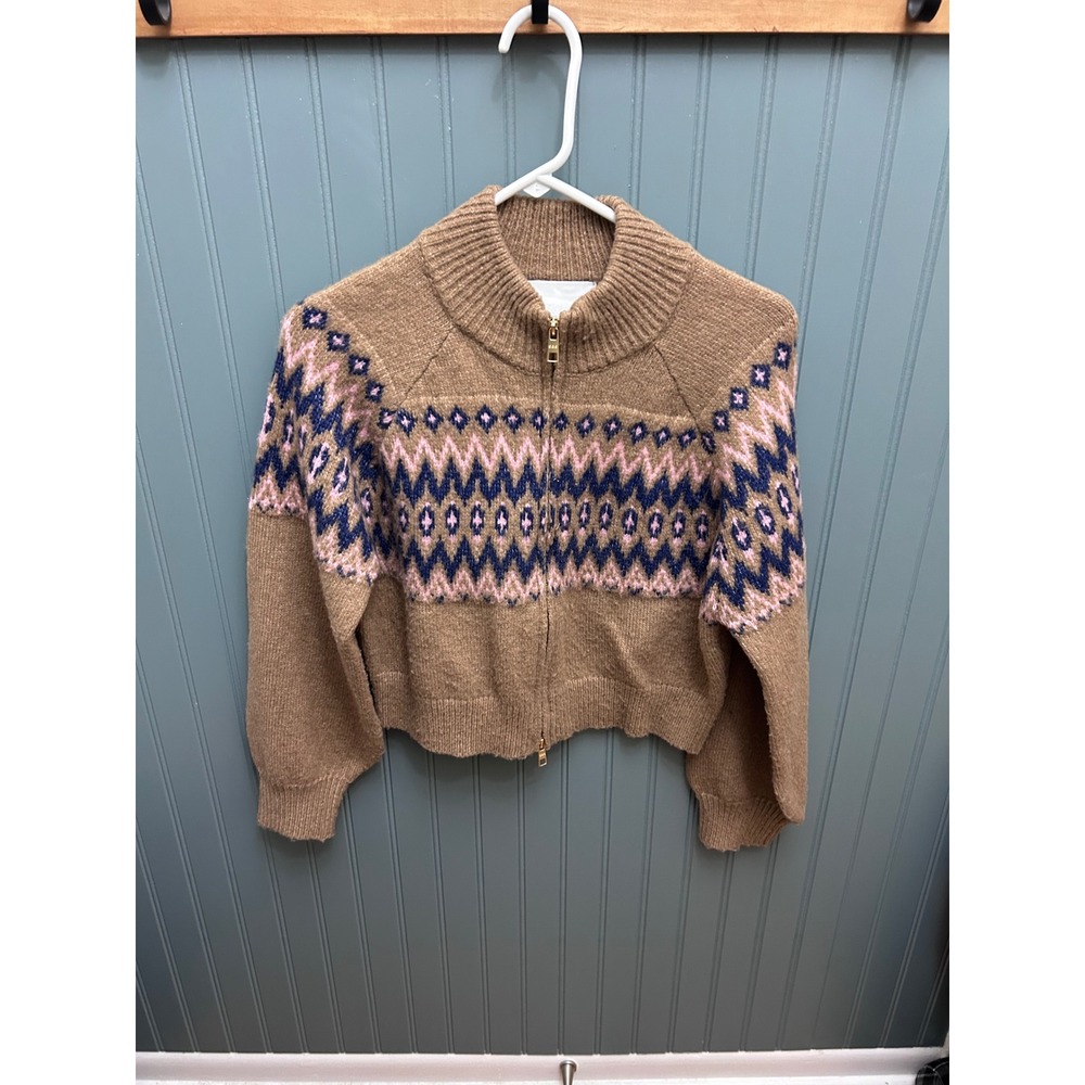 525 America Fair Isle Zip Cardigan Sweater Brown Pink Navy XS Cropped Mock Neck